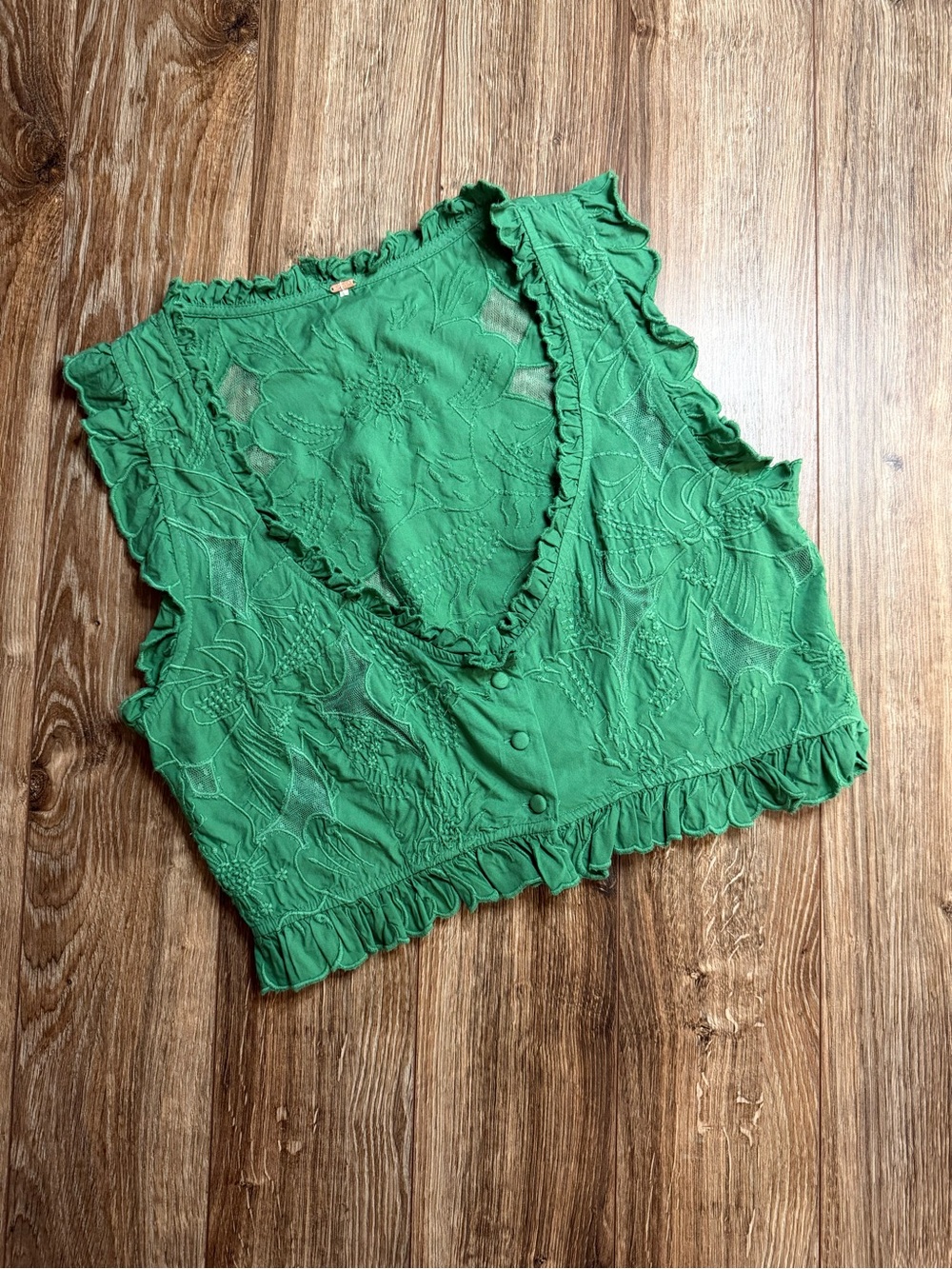 Free People Green Ruffled V-Neck Embroidered Crop Top